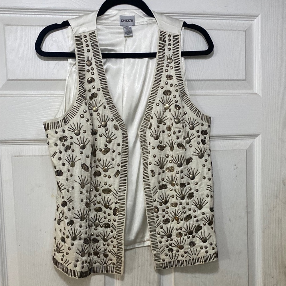 Chico's Embroidered Cream and Brown Sleeveless Blouse